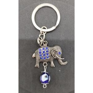 Small Elephant Keychain - Silver Tone - Blue Glass Stones